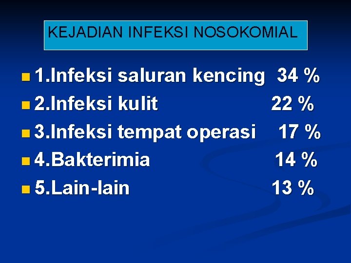 KEJADIAN INFEKSI NOSOKOMIAL n 1. Infeksi saluran kencing 34 % n 2. Infeksi kulit