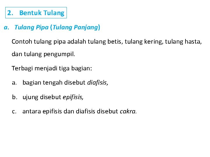 2. Bentuk Tulang a. Tulang Pipa (Tulang Panjang) Contoh tulang pipa adalah tulang betis,