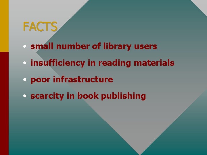 FACTS • small number of library users • insufficiency in reading materials • poor