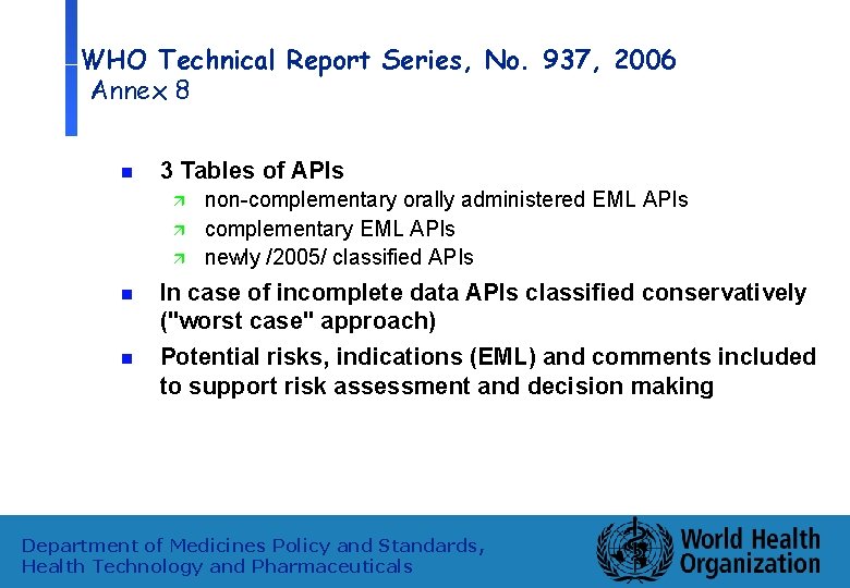 WHO Technical Report Series, No. 937, 2006 Annex 8 n 3 Tables of APIs