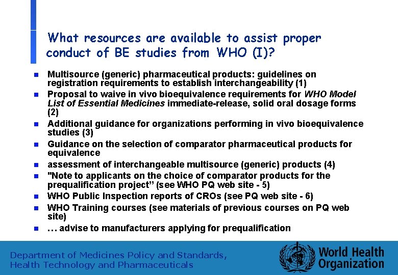 What resources are available to assist proper conduct of BE studies from WHO (I)?