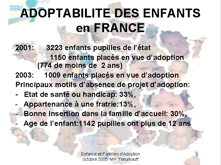 ADOPTABILITE DES ENFANTS en FRANCE 2001: 3223 enfants pupilles de l’état 1150 enfants placés