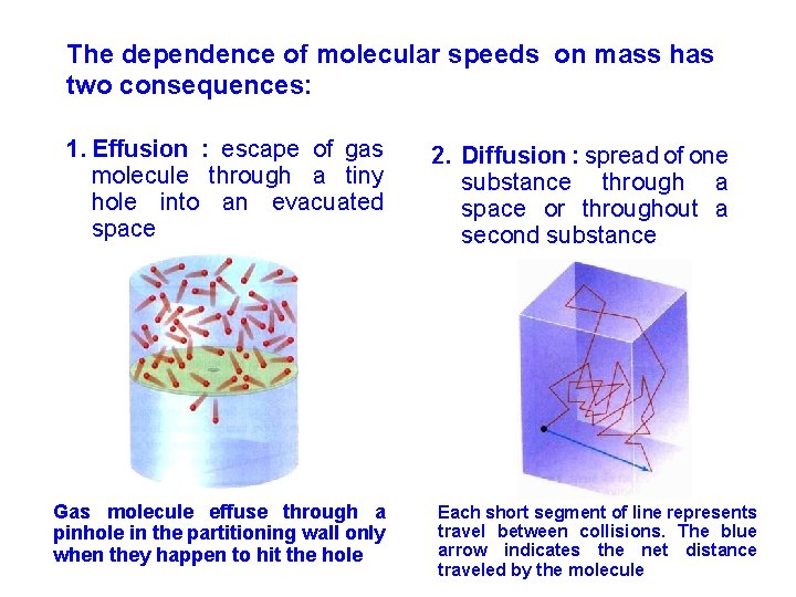 The dependence of molecular speeds on mass has two consequences: 1. Effusion : escape
