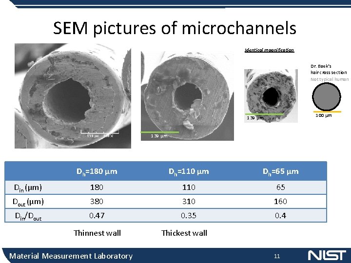 SEM pictures of microchannels Identical magnification Dr. Baek’s hair cross section Not typical human