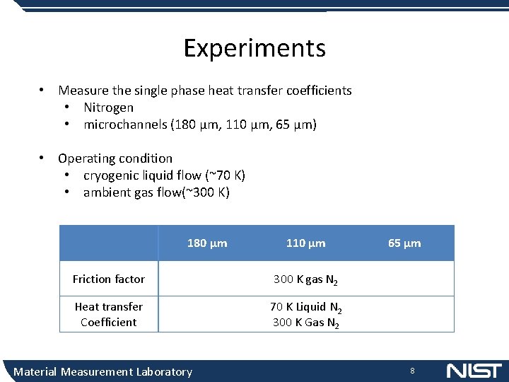 Experiments • Measure the single phase heat transfer coefficients • Nitrogen • microchannels (180