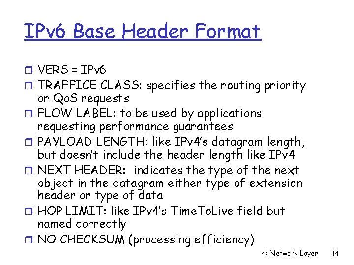 IPv 6 Base Header Format r VERS = IPv 6 r TRAFFICE CLASS: specifies