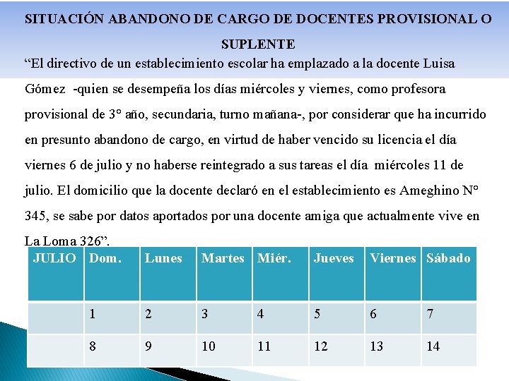 SITUACIÓN ABANDONO DE CARGO DE DOCENTES PROVISIONAL O SUPLENTE “El directivo de un establecimiento