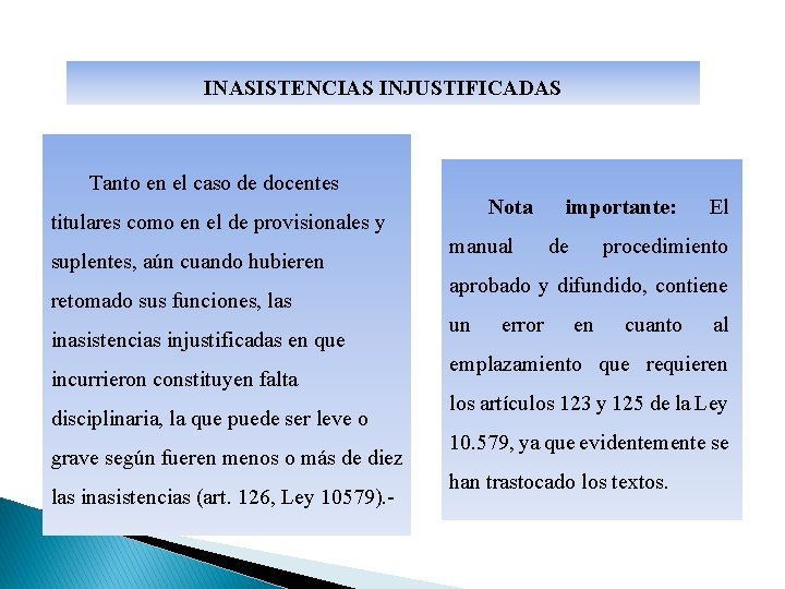 INASISTENCIAS INJUSTIFICADAS Tanto en el caso de docentes Nota titulares como en el de