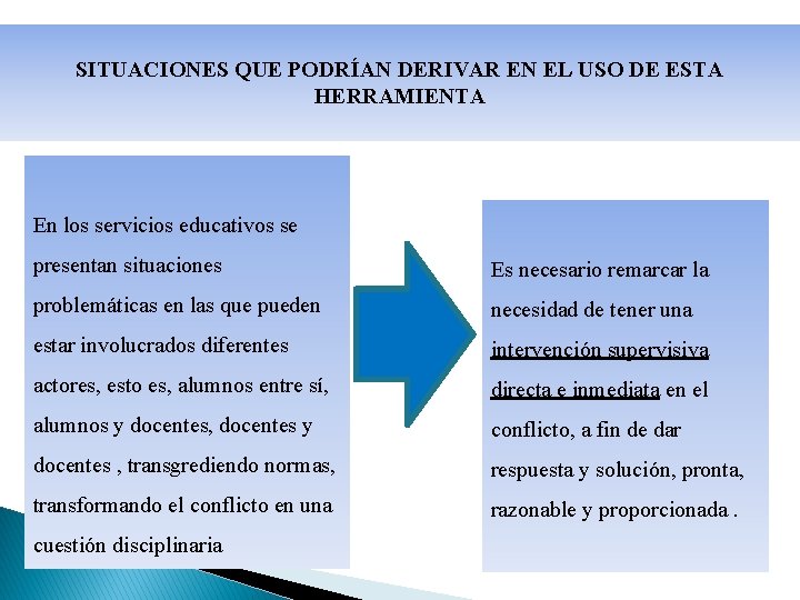 SITUACIONES QUE PODRÍAN DERIVAR EN EL USO DE ESTA HERRAMIENTA En los servicios educativos