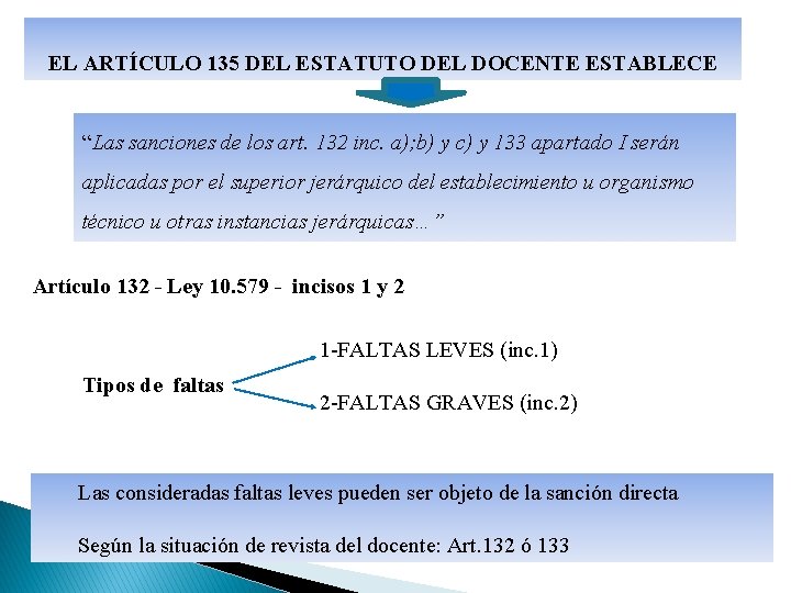 EL ARTÍCULO 135 DEL ESTATUTO DEL DOCENTE ESTABLECE “Las sanciones de los art. 132