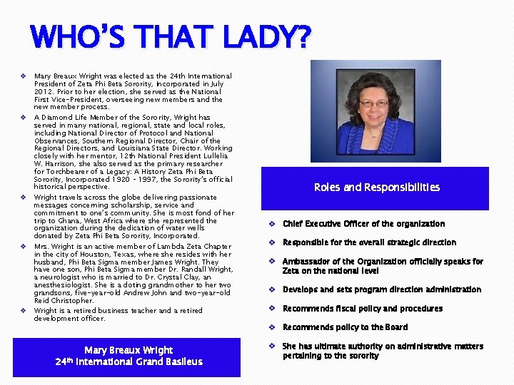 WHO’S THAT LADY? v v v Mary Breaux Wright was elected as the 24