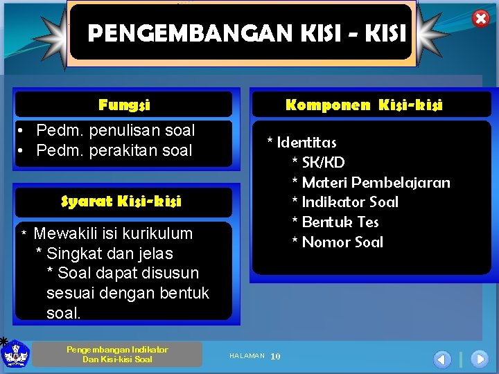 PENGEMBANGAN KISI - KISI Fungsi Komponen Kisi-kisi • Pedm. penulisan soal • Pedm. perakitan