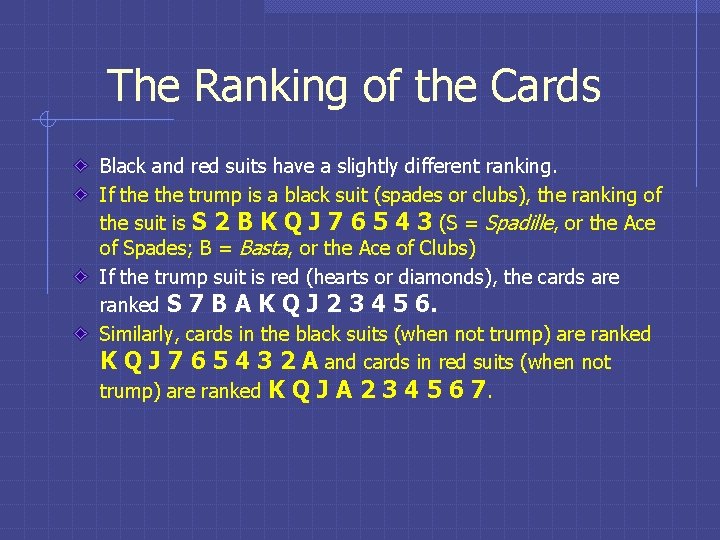 The Ranking of the Cards Black and red suits have a slightly different ranking.