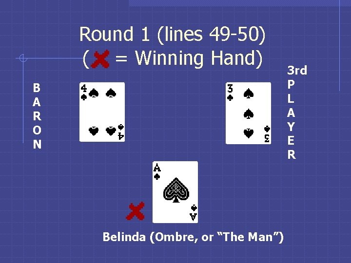 Round 1 (lines 49 -50) ( = Winning Hand) B A R O N