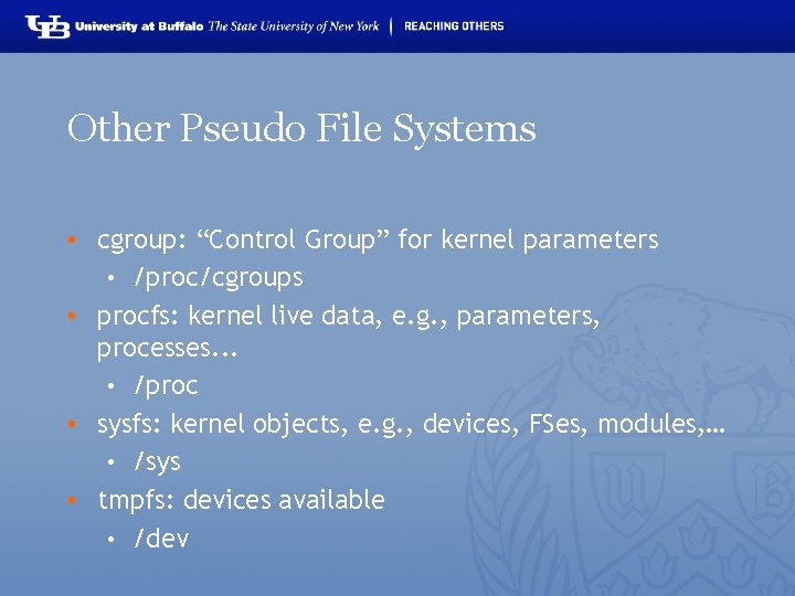 Other Pseudo File Systems • cgroup: “Control Group” for kernel parameters • /proc/cgroups •