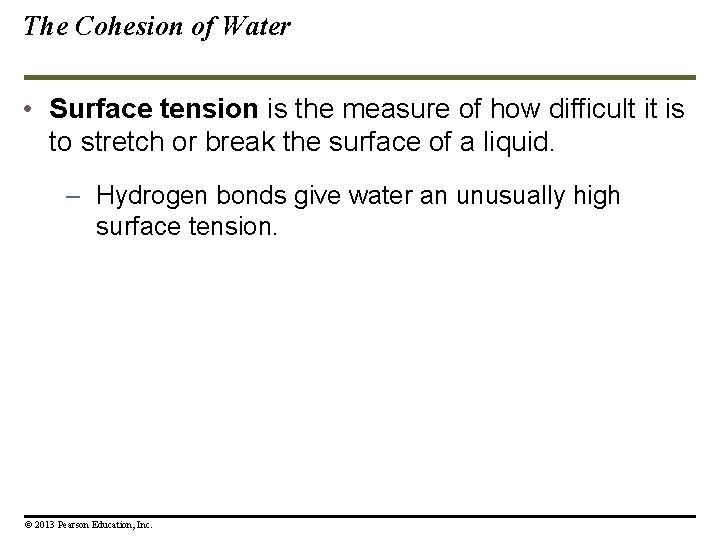 The Cohesion of Water • Surface tension is the measure of how difficult it