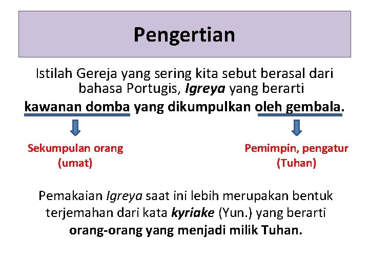 Pengertian Istilah Gereja yang sering kita sebut berasal dari bahasa Portugis, Igreya yang berarti