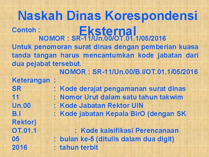Naskah Dinas Korespondensi Contoh : Eksternal NOMOR : SR-11/Un. 00/OT. 01. 1/05/2016 Untuk penomoran