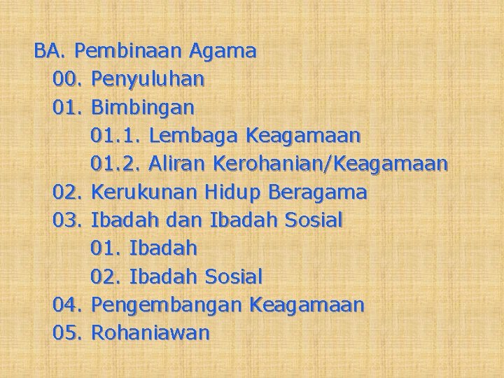 BA. Pembinaan Agama 00. Penyuluhan 01. Bimbingan 01. 1. Lembaga Keagamaan 01. 2. Aliran