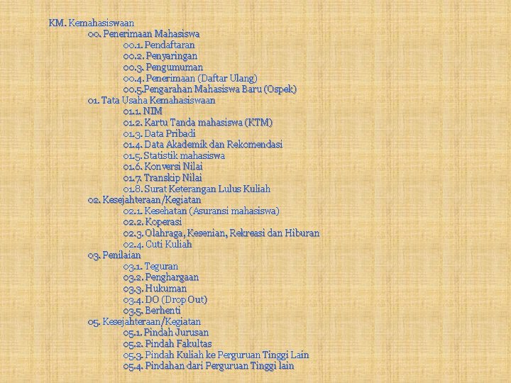 KM. Kemahasiswaan 00. Penerimaan Mahasiswa 00. 1. Pendaftaran 00. 2. Penyaringan 00. 3. Pengumuman