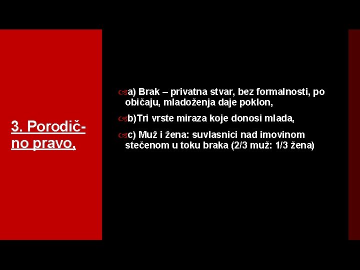  a) Brak – privatna stvar, bez formalnosti, po običaju, mladoženja daje poklon, 3.