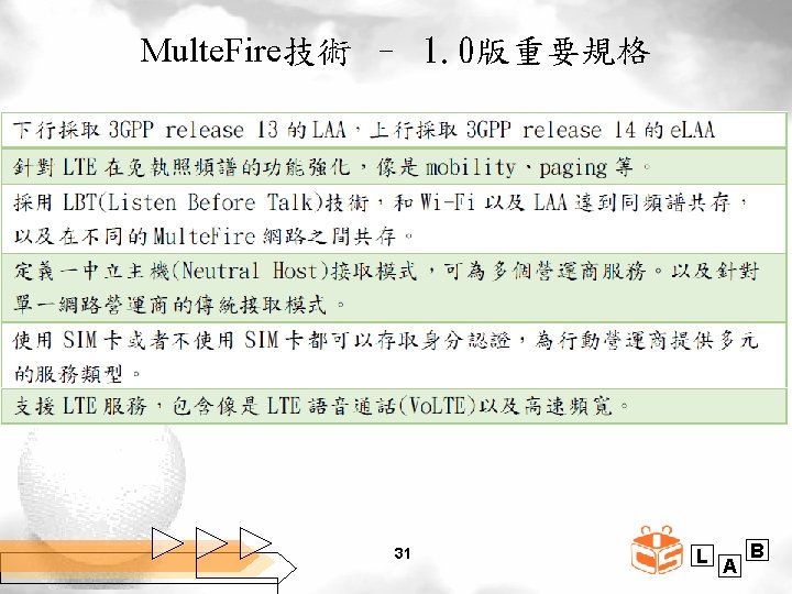 Multe. Fire技術 – 1. 0版重要規格 31 L A B 