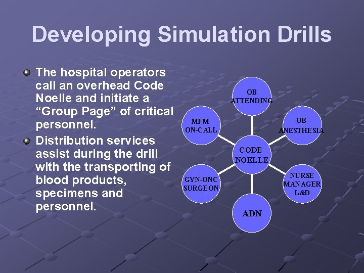 Developing Simulation Drills The hospital operators call an overhead Code Noelle and initiate a