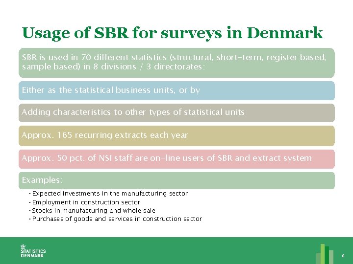 Usage of SBR for surveys in Denmark SBR is used in 70 different statistics