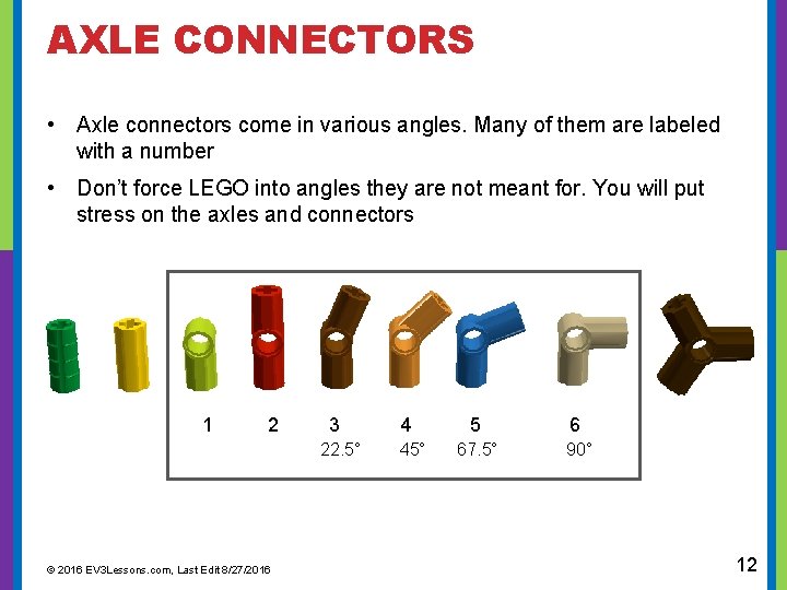  AXLE CONNECTORS • Axle connectors come in various angles. Many of them are