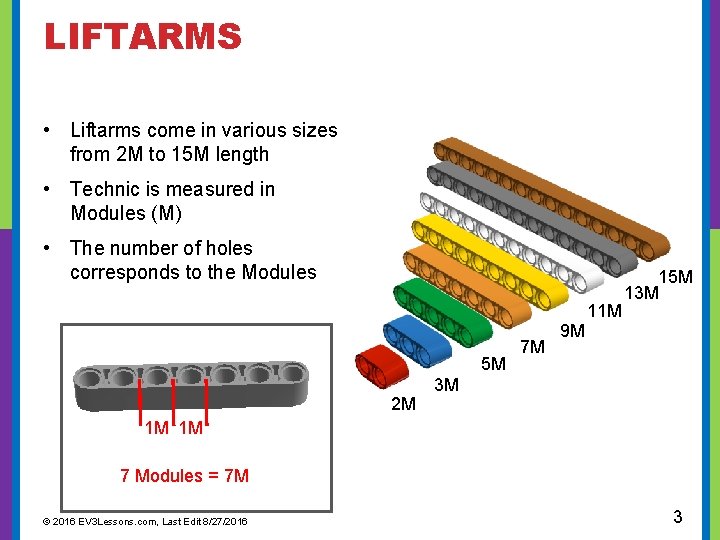  LIFTARMS • Liftarms come in various sizes from 2 M to 15 M