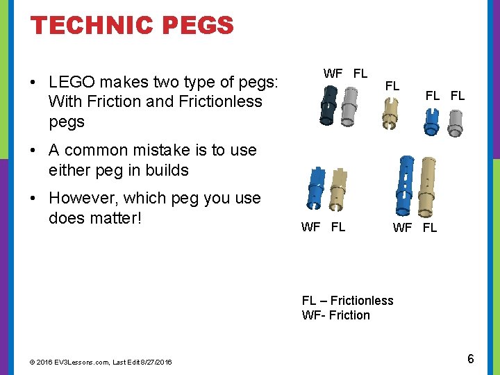  TECHNIC PEGS • LEGO makes two type of pegs: With Friction and Frictionless