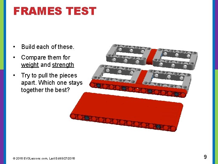  FRAMES TEST • Build each of these. • Compare them for weight and