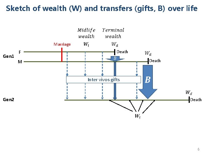 Sketch of wealth (W) and transfers (gifts, B) over life Marriage Gen 1 F