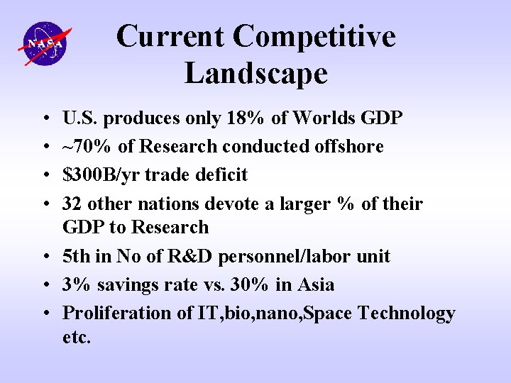 Current Competitive Landscape • • U. S. produces only 18% of Worlds GDP ~70%