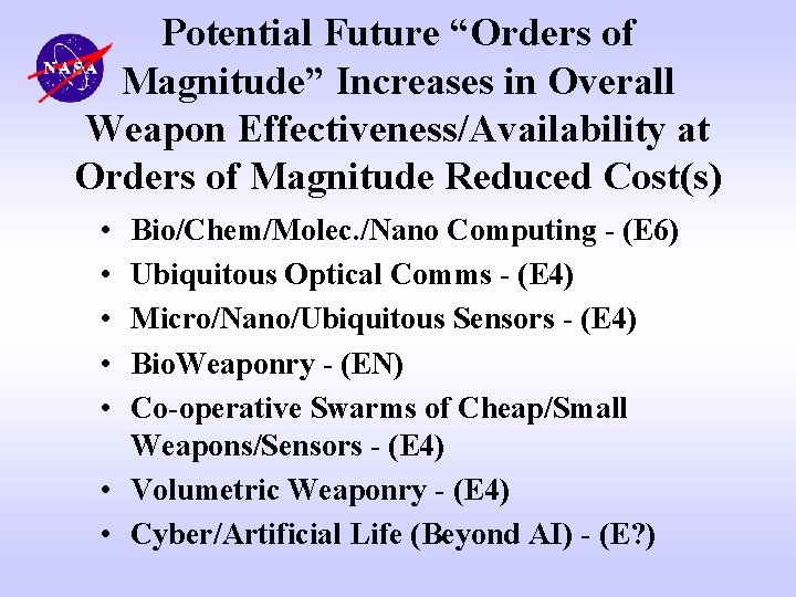 Potential Future “Orders of Magnitude” Increases in Overall Weapon Effectiveness/Availability at Orders of Magnitude