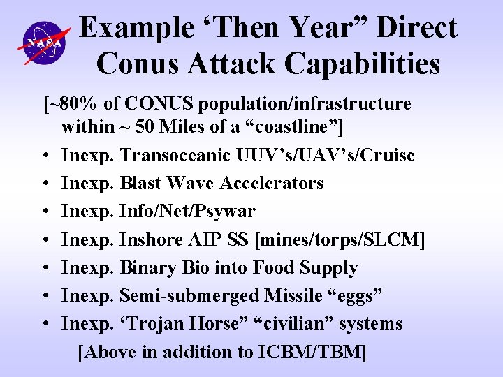 Example ‘Then Year” Direct Conus Attack Capabilities [~80% of CONUS population/infrastructure within ~ 50