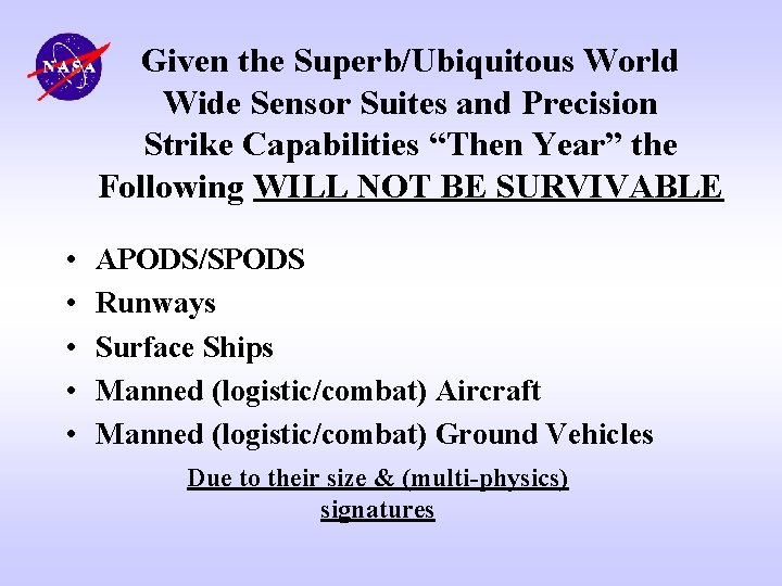 Given the Superb/Ubiquitous World Wide Sensor Suites and Precision Strike Capabilities “Then Year” the
