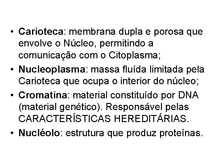  • Carioteca: membrana dupla e porosa que envolve o Núcleo, permitindo a comunicação