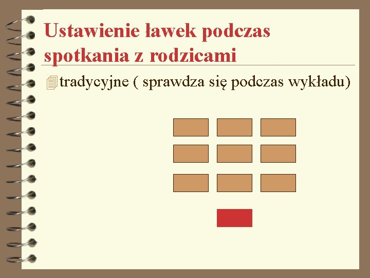 Ustawienie ławek podczas spotkania z rodzicami 4 tradycyjne ( sprawdza się podczas wykładu) 