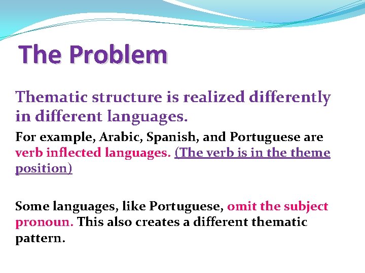 The Problem Thematic structure is realized differently in different languages. For example, Arabic, Spanish,