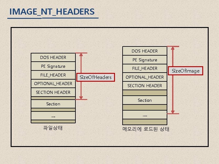 IMAGE_NT_HEADERS DOS HEADER PE Signature FILE_HEADER OPTIONAL_HEADER FILE_HEADER Size. Of. Headers OPTIONAL_HEADER SECTION HEADER