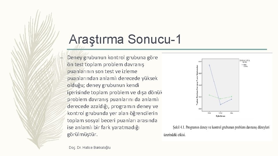 Araştırma Sonucu-1 – Deney grubunun kontrol grubuna göre ön test toplam problem davranış puanlarının