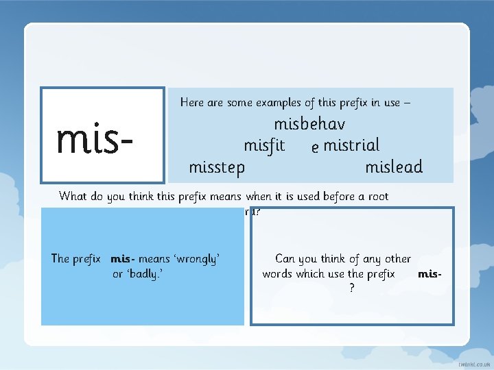 mis Here are some examples of this prefix in use – misbehav misfit e