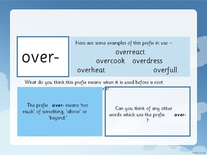 over Here are some examples of this prefix in use – overreact overcook overdress