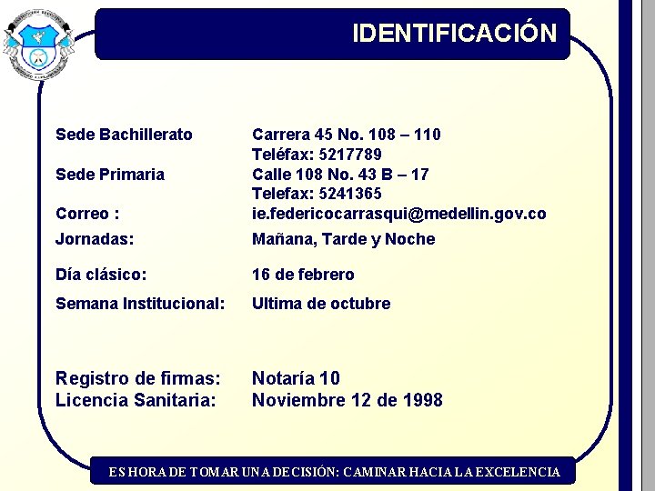 IDENTIFICACIÓN Sede Bachillerato Correo : Carrera 45 No. 108 – 110 Teléfax: 5217789 Calle