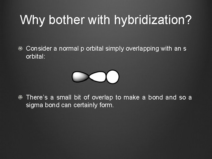 Why bother with hybridization? Consider a normal p orbital simply overlapping with an s