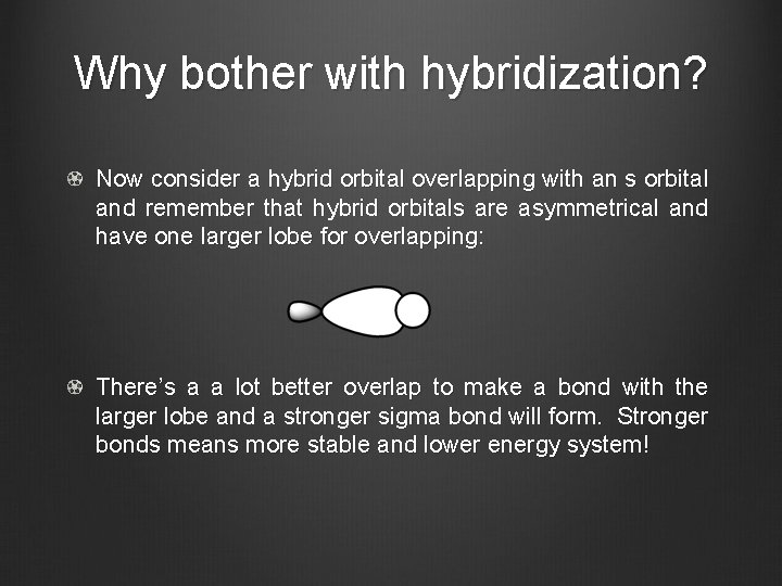 Why bother with hybridization? Now consider a hybrid orbital overlapping with an s orbital