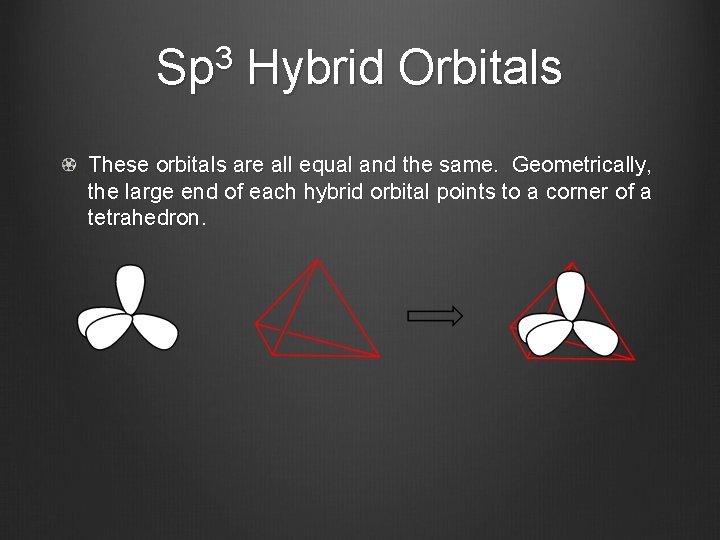 Sp 3 Hybrid Orbitals These orbitals are all equal and the same. Geometrically, the