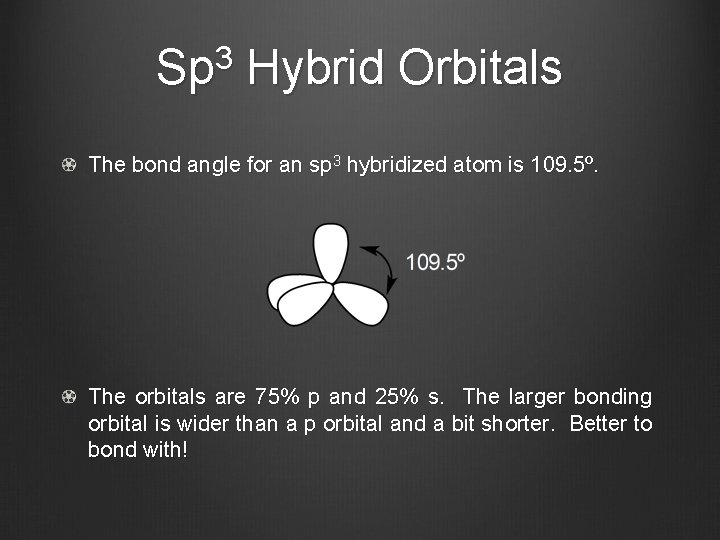 Sp 3 Hybrid Orbitals The bond angle for an sp 3 hybridized atom is