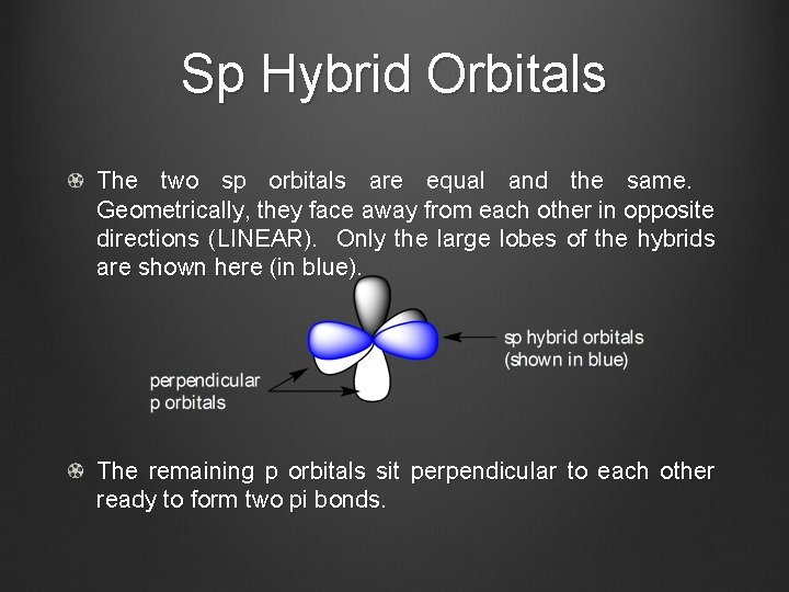 Sp Hybrid Orbitals The two sp orbitals are equal and the same. Geometrically, they